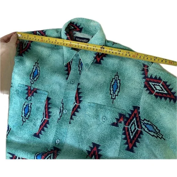 Wrangler Aztec Button Up Short Sleeve Men’s Cowboy 16 Large Blue VTG - Picture 6 of 7